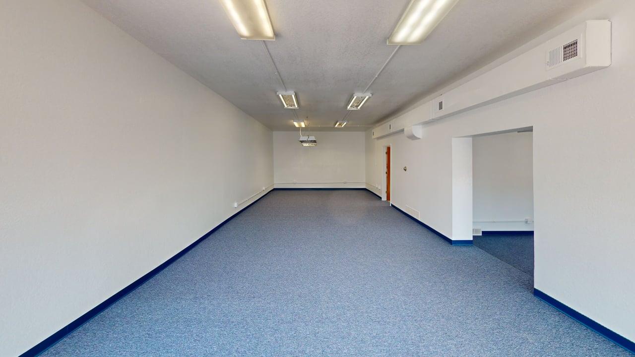 Long open carpeted area with overhead lighting